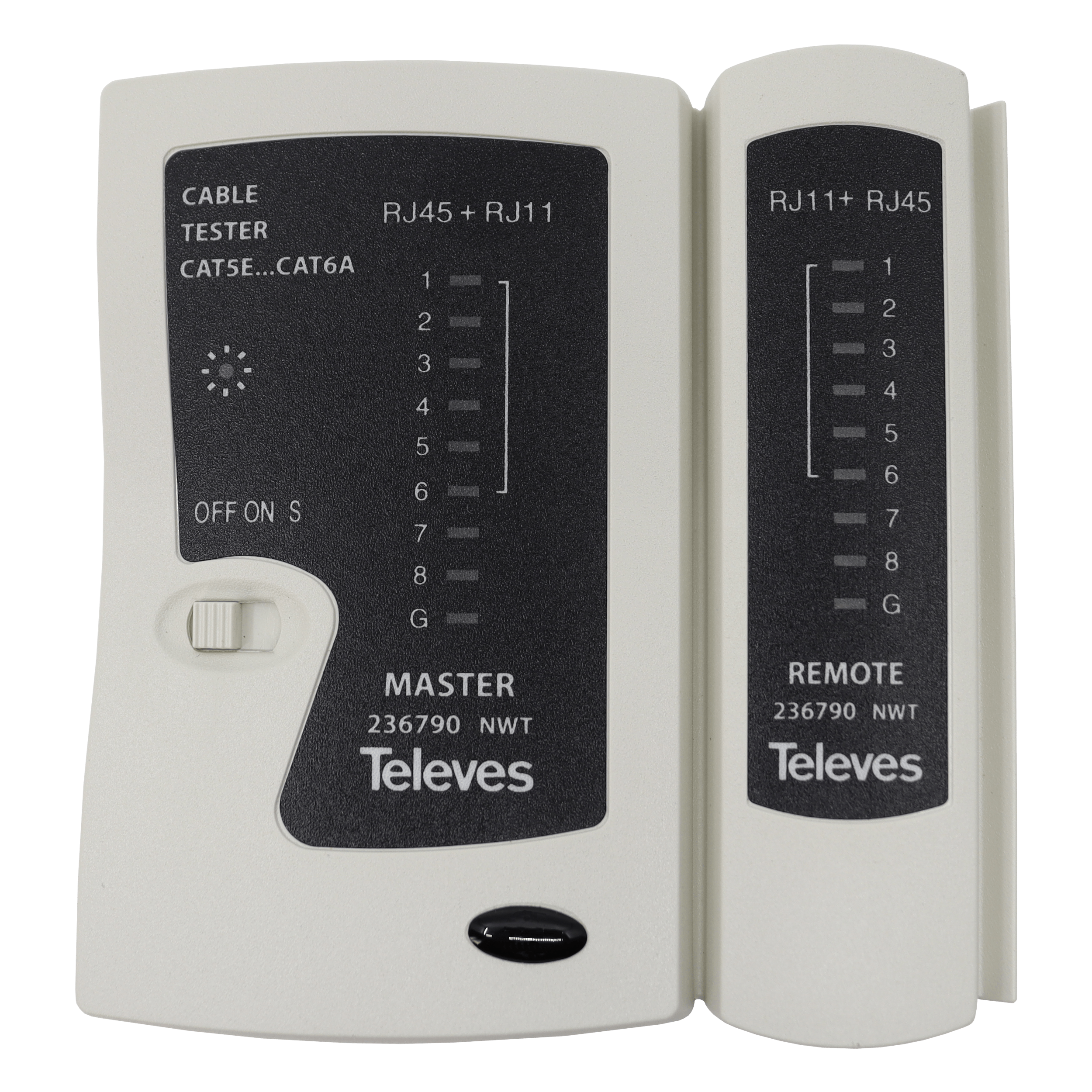 Tester reti LAN e telefonia Televes modello 236790 per cavi RJ45 e RJ11 visuale frontale dettagliata