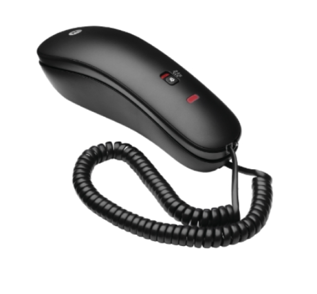 telefono fisso a filo nero con cornetta e cavo spiralato