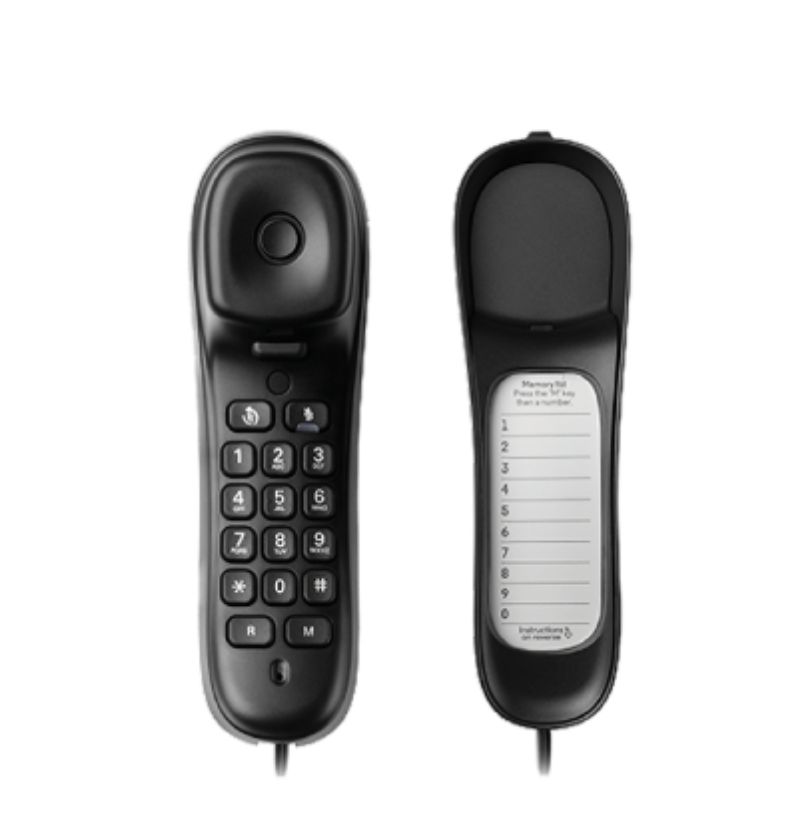 telefono fisso a filo nero vista frontale tastiera 16 tasti