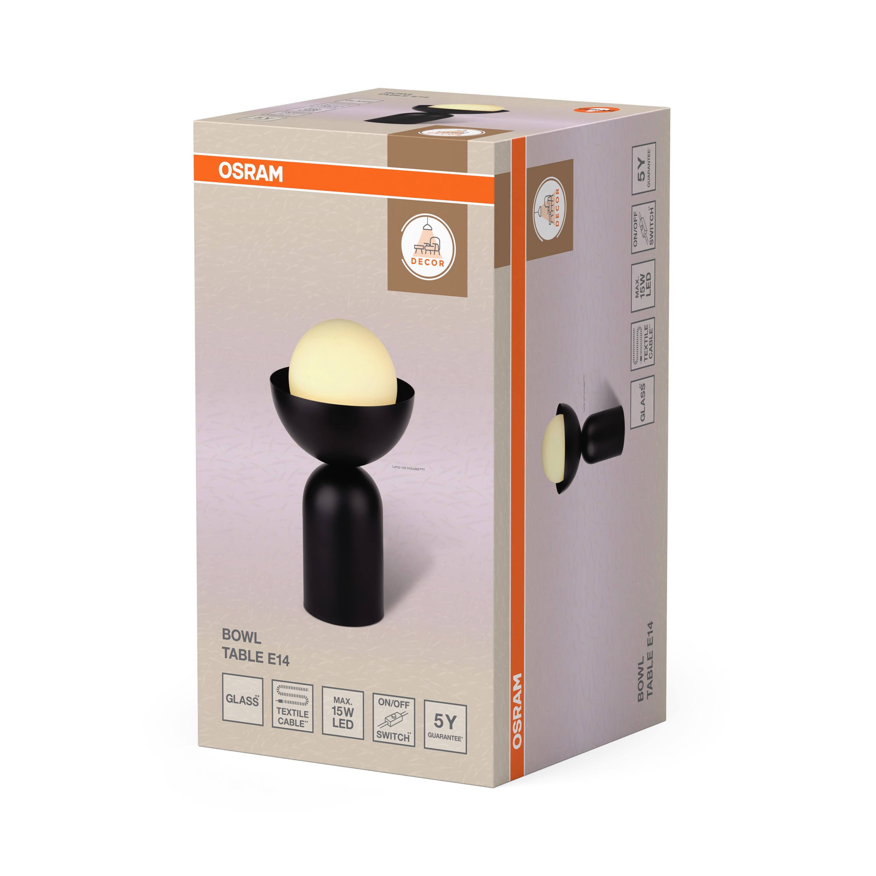 Confezione originale lampada LEDVANCE Bowl Table E14 metallo nero con dettagli prodotto e marchio Osram