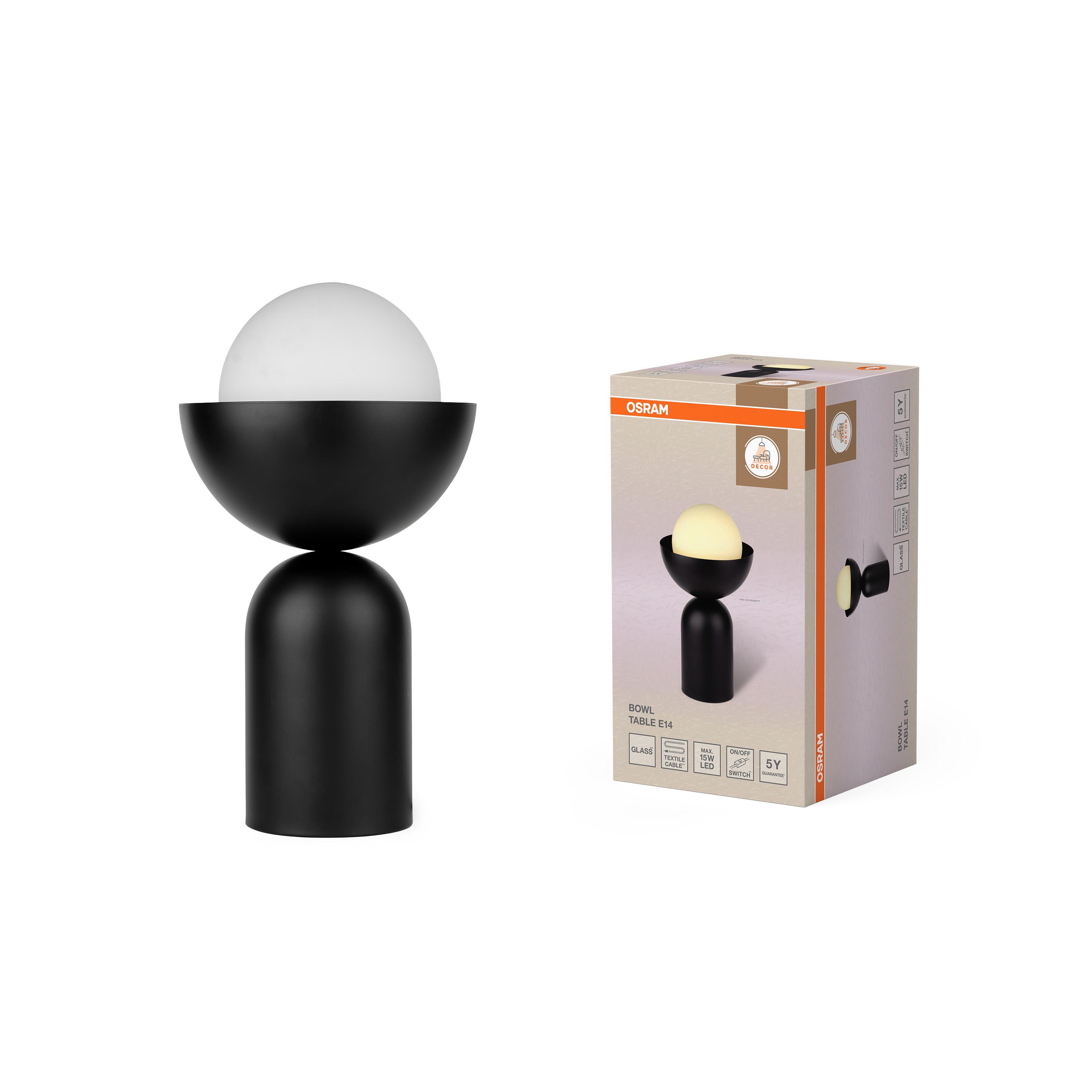 Lampada da tavolo LEDVANCE E14 design moderno abbinata al suo packaging, ideale per interni eleganti