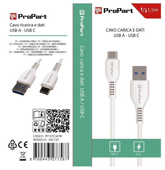 Cavo USB A USB C bianco da 1,5 metri LIFE365 ITALY per ricarica e trasferimento dati confezione 10 pezzi