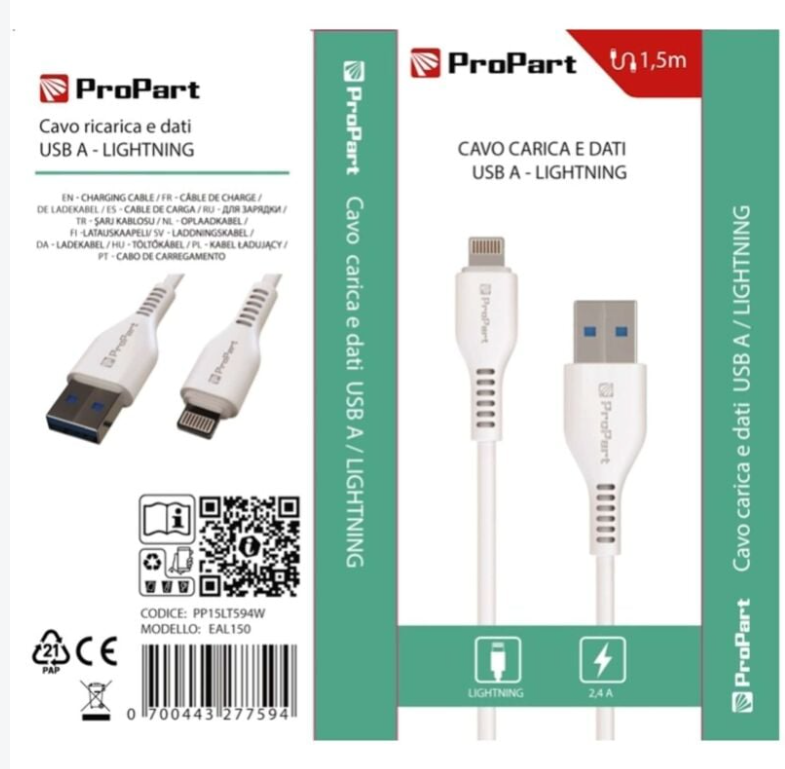 Cavo USB A Lightning 2.4A 1.5 metri LIFE365 ITALY confezione da dieci pezzi per ricarica e dati