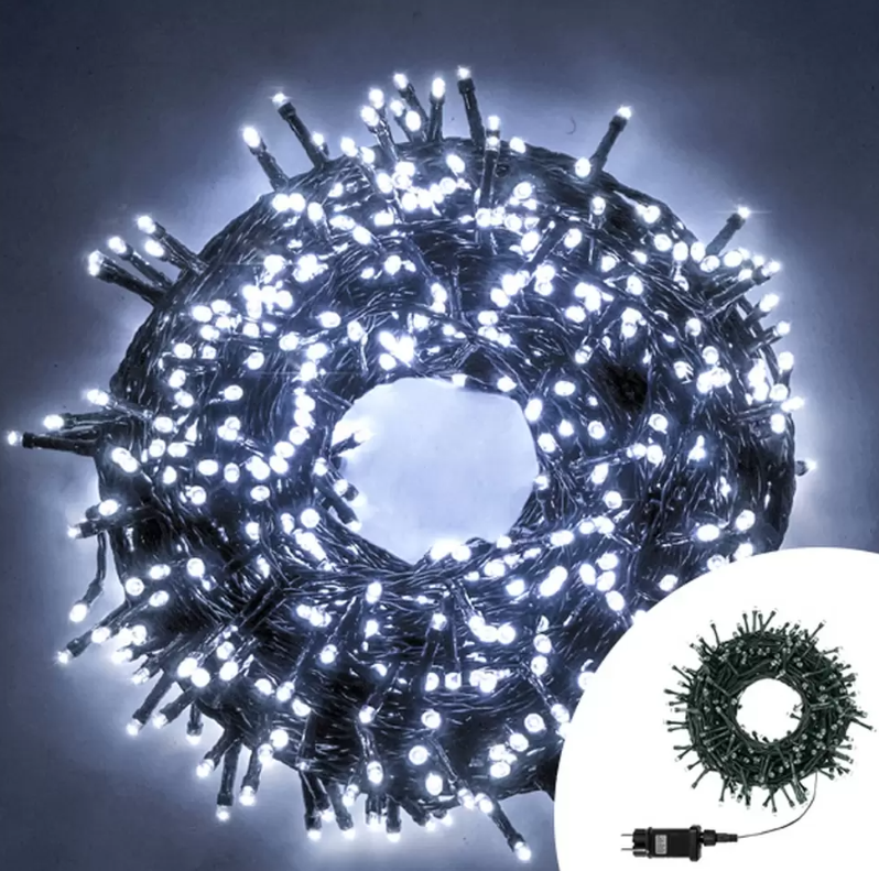 catena luminosa 200 led bianchi su cavo verde per decorazioni natalizie da 10 metri