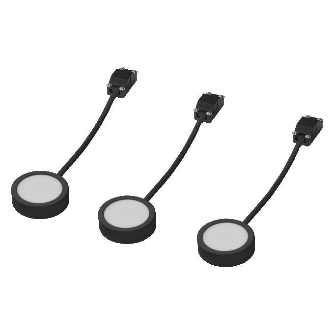 dettaglio tre spot led puck sottopensile neri con diffusore opalino