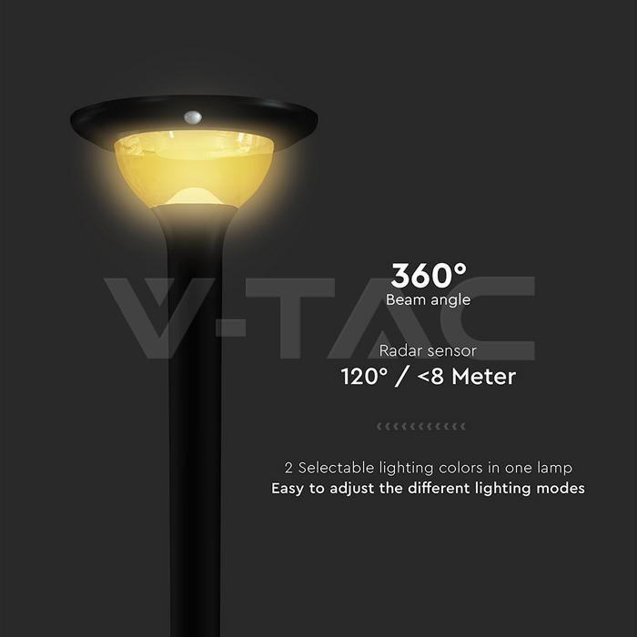 dettaglio testa lampione solare led v-tac per palo da giardino con sensore