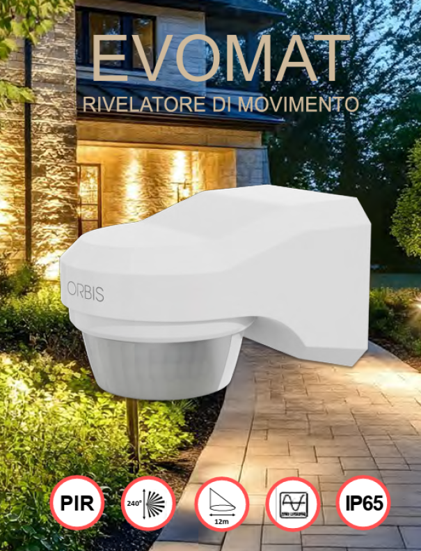 rilevatore di movimento esterno orbis evomat pir 240 gradi ip65 per sicurezza e illuminazione automatica