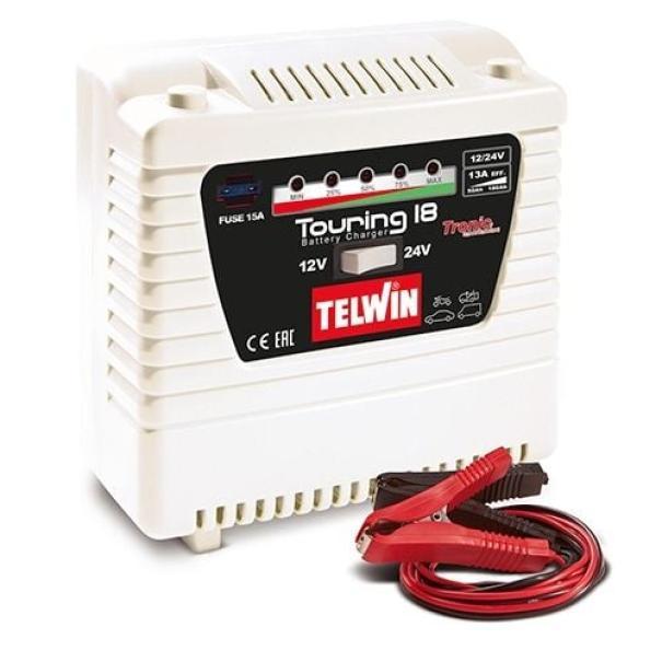 Caricabatteria Telwin Touring 18 per batterie auto e moto 12V 24V con pinze e indicatori LED