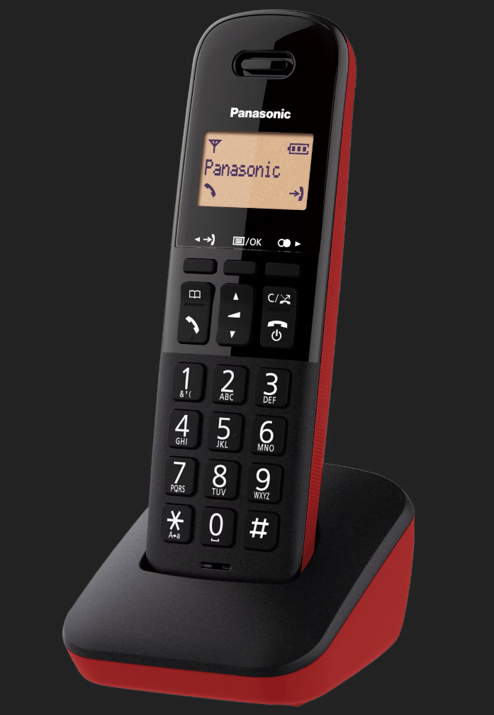 telefono cordless panasonic dect rosso e nero con base e display retroilluminato