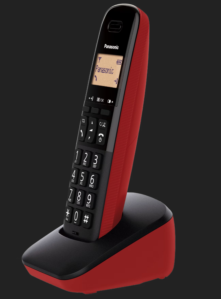 ricevitore telefono cordless panasonic rosso e nero su base vista angolata