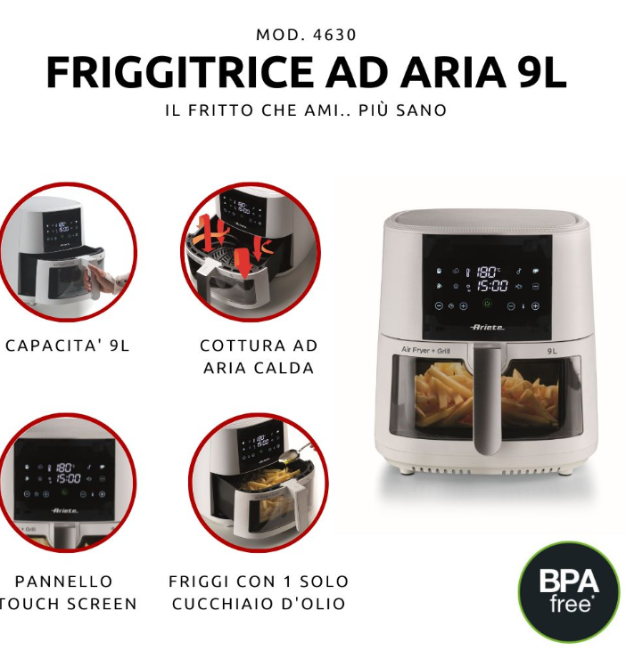 friggitrice ad aria 9l ariete con programmi touch screen e funzione grill bpa free