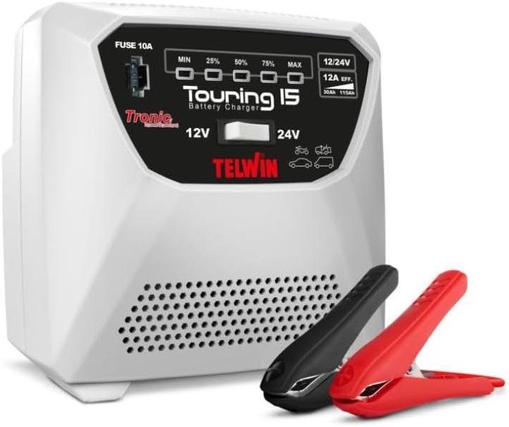 Caricabatteria automatico Telwin Touring 15 per auto e moto 12V 24V con pinze