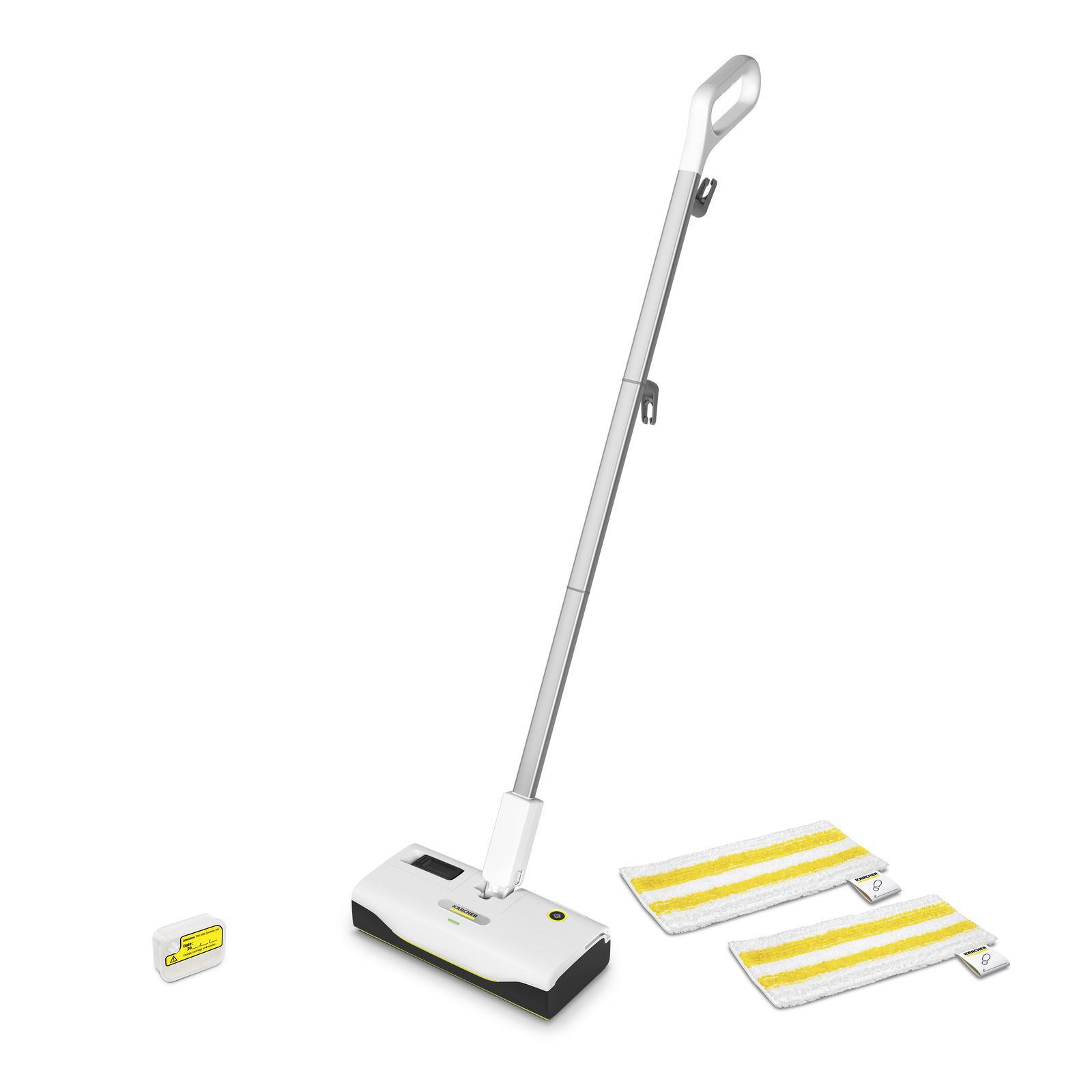 Scopa a vapore Karcher bianca verticale con due panni EasyFix e cartuccia anticalcare visibili