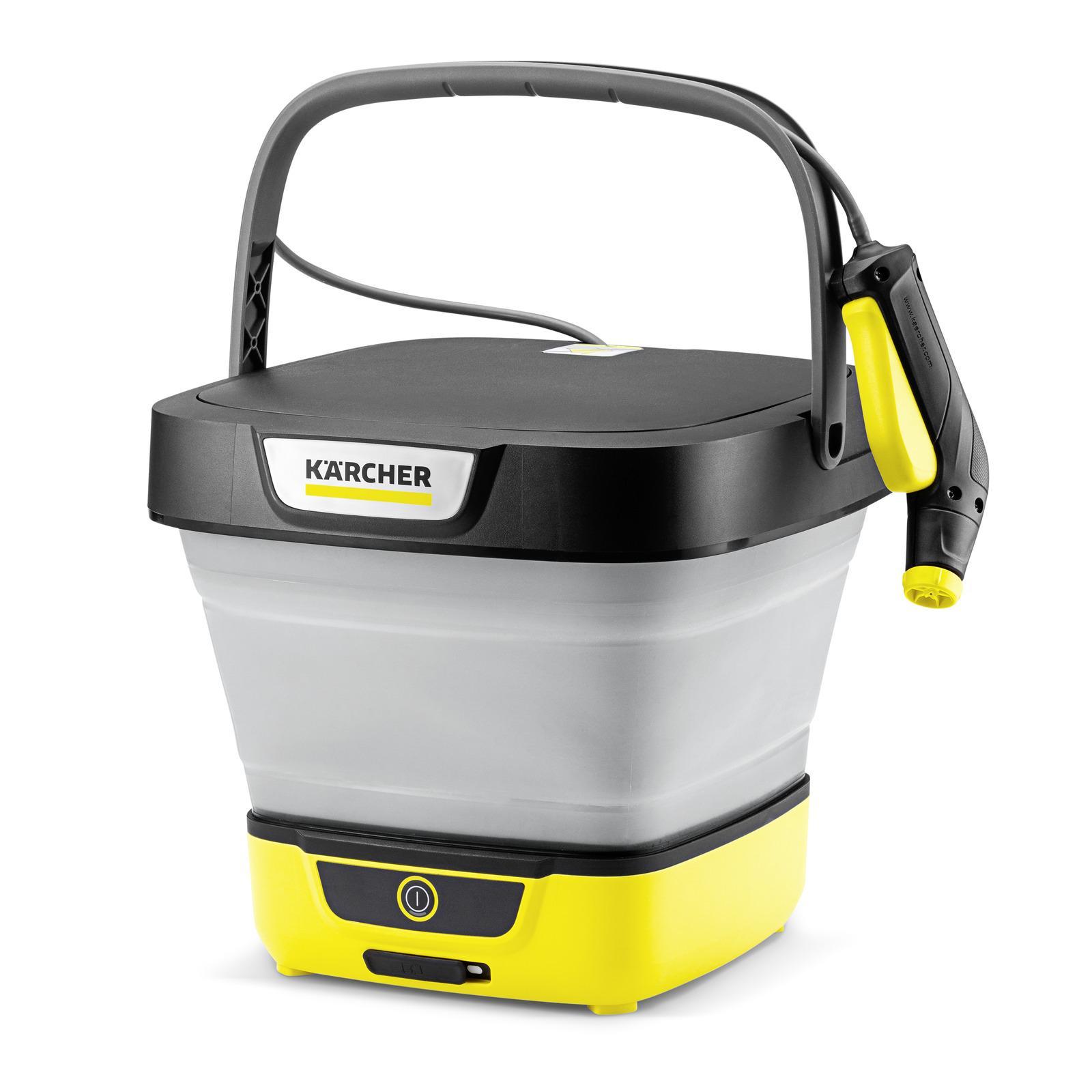 Idropulitrice portatile Karcher con serbatoio pieghevole giallo e nero vista frontale