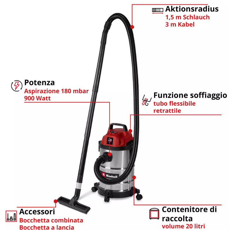 Dettaglio ruote grandi e maniglia ergonomica aspiratore Einhell 20L