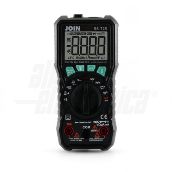 Vista laterale multimetro digitale True RMS Alpha Elettronica 98 725 portatile ergonomico design nero