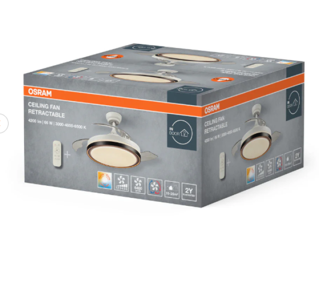 confezione originale ventilatore soffitto retrattile ledvance con dettagli tecnici e illustrazione del prodotto