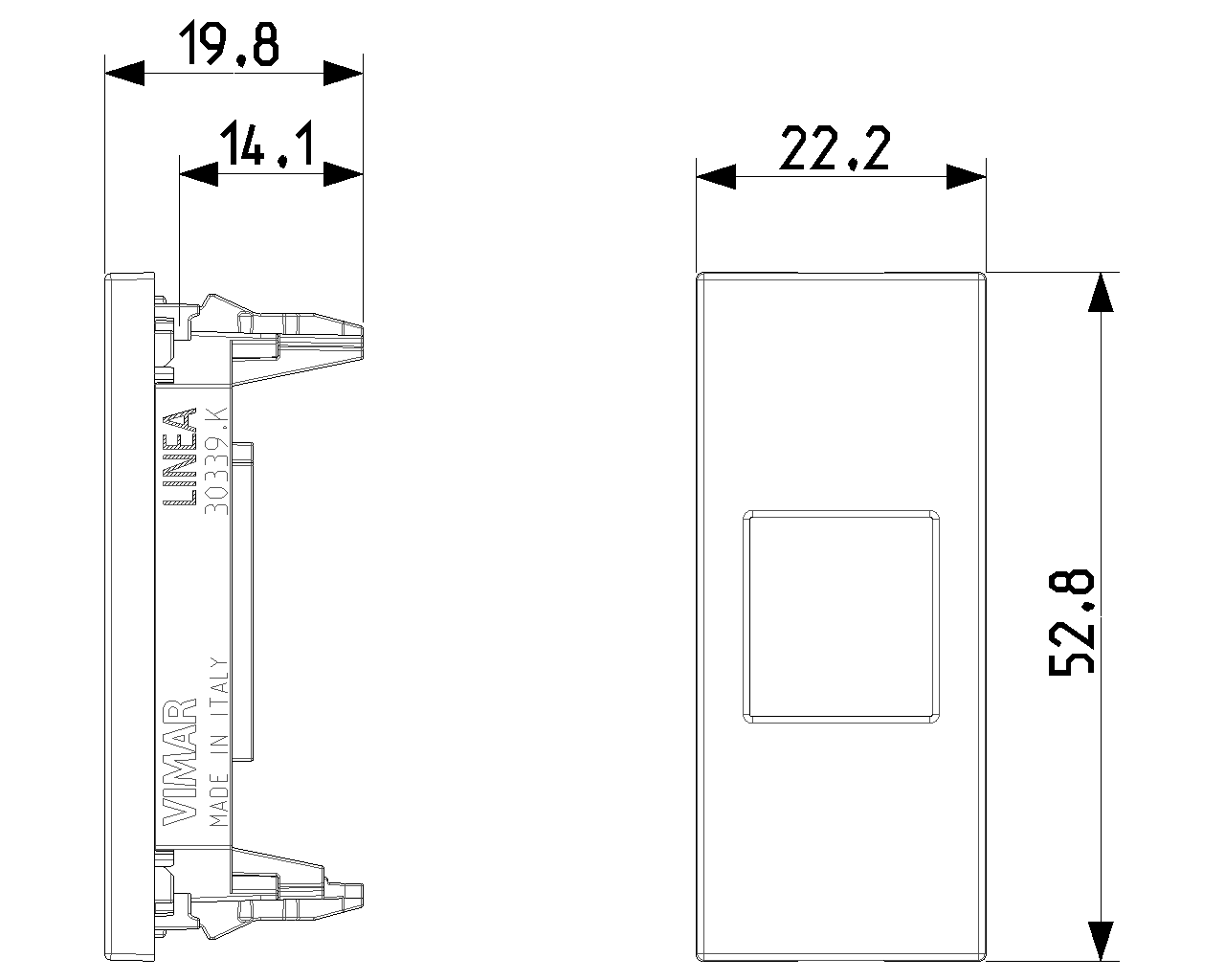 Disegno tecnico adattatore keystone bianco Vimar dimensioni larghezza altezza profondita