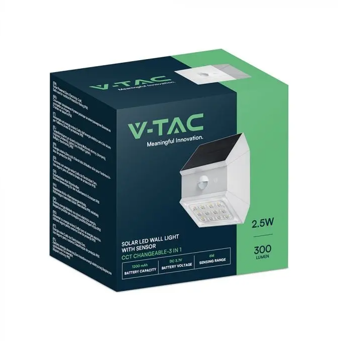 vista frontale applique led solare V-Tac con pannello solare e sensore movimento