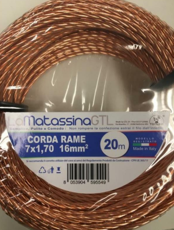 Matassa di corda di rame nudo 16 mmq da 20 metri per impianti elettrici e terra