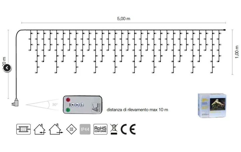 schema tecnico tenda luminosa led 360 luci dimensione 5 metri lunghezza 1 metro altezza con telecomando