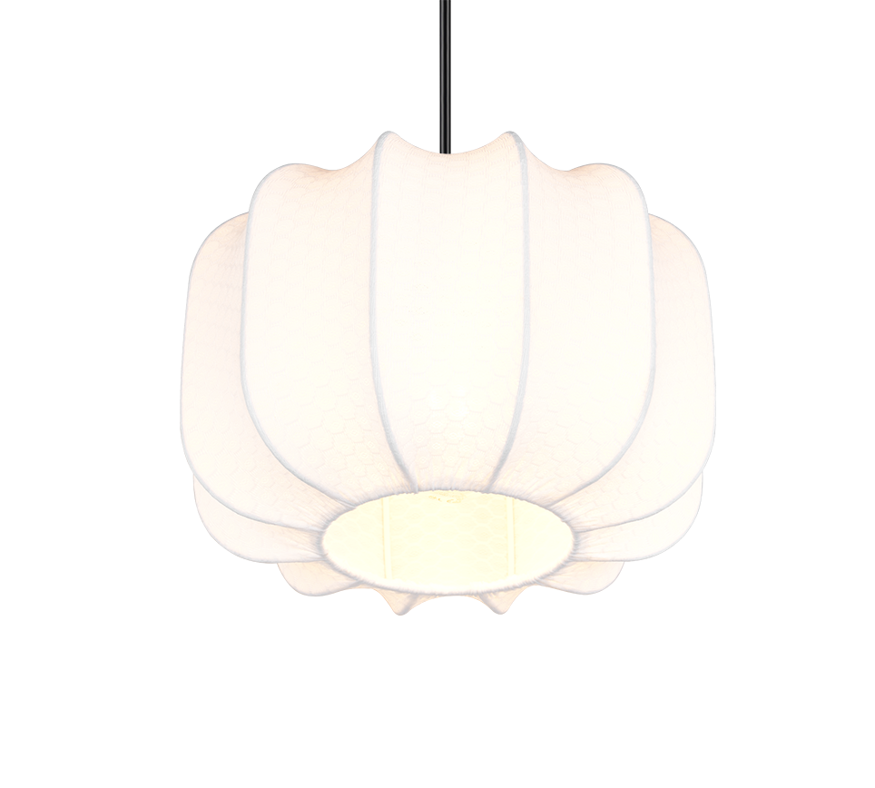 lampada a sospensione vista dal basso con diffusore tessuto bianco stile contemporaneo