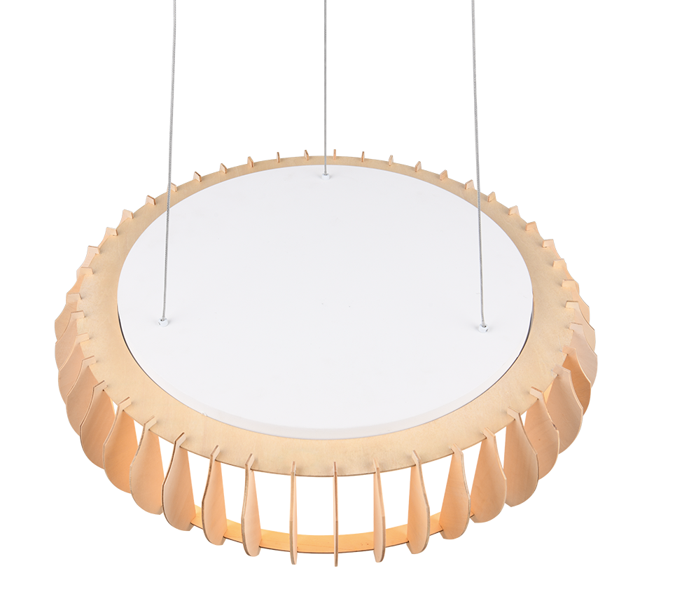 particolare superiore lampada sospensione led bianco legno struttura circolare