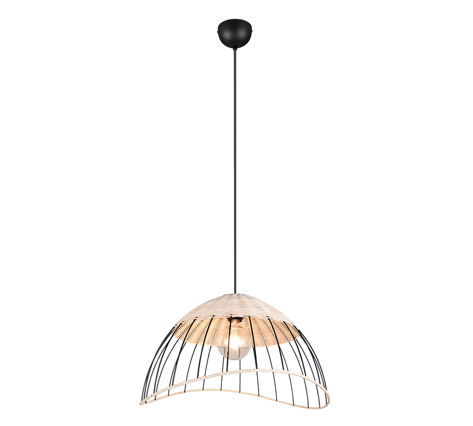 Lampada a sospensione in rattan naturale con struttura in metallo nero di design moderno
