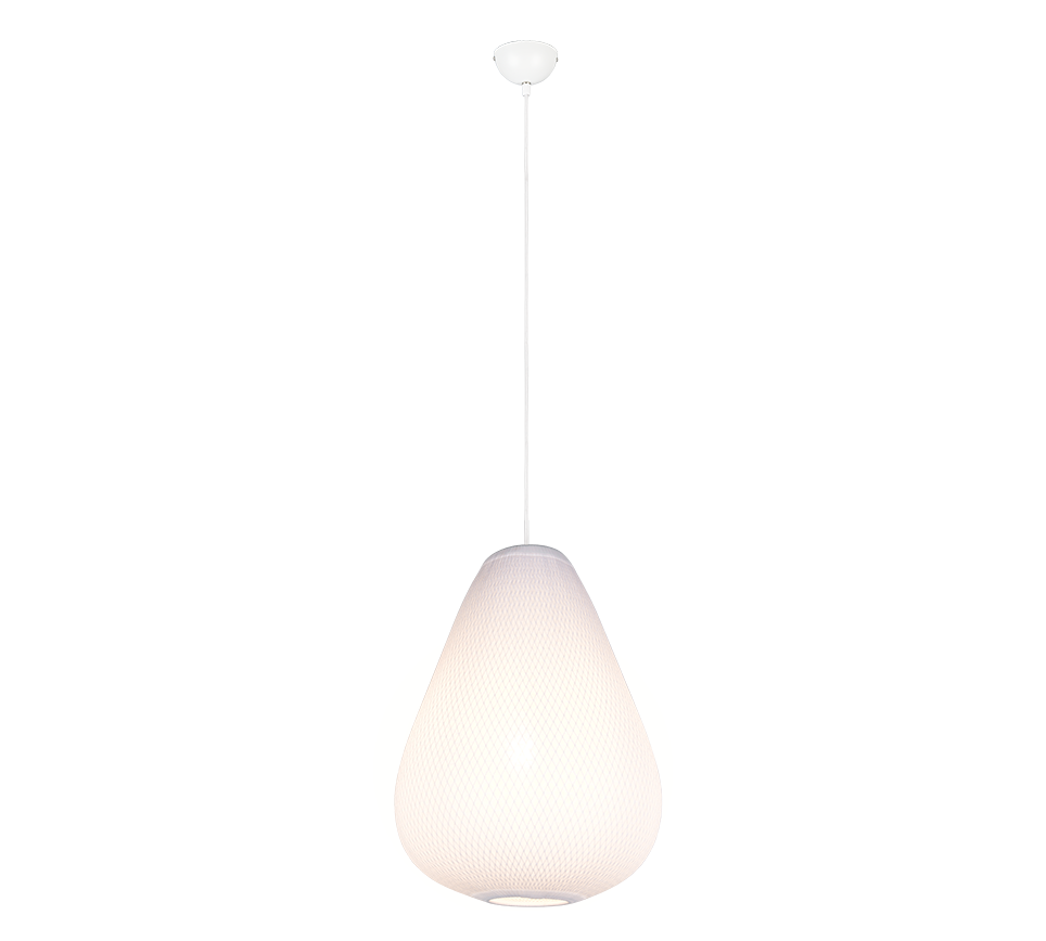 vista frontale lampada sospensione bianca design moderno forma a goccia trio lighting r36241001