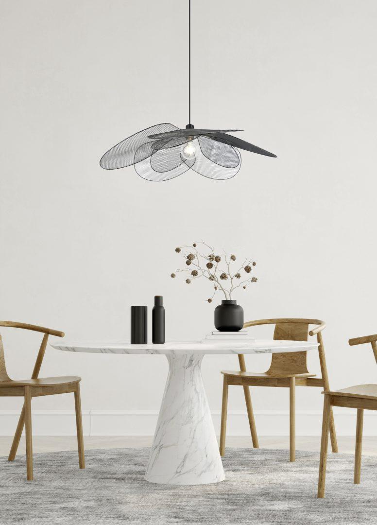 installazione lampada sospensione petali metallo nero soggiorno sala da pranzo trio lighting design moderno