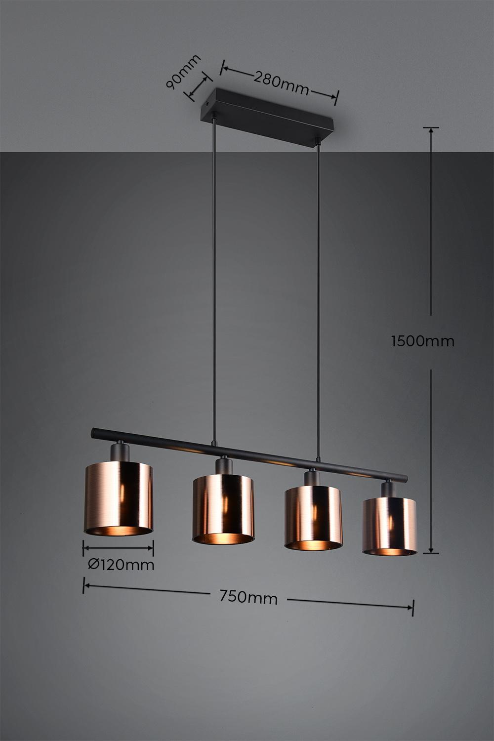 Lampada moderna a sospensione 4 luci installata sopra tavolo sala da pranzo in ambiente contemporaneo