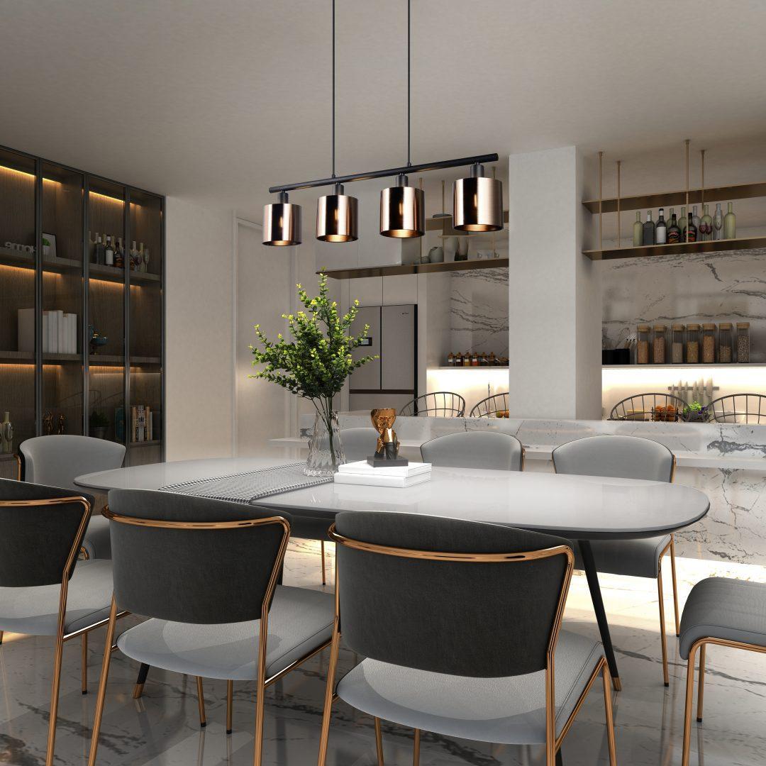 Vista d'ambiente con lampadario sospensione metallo nero bronzo posizionato su tavolo da pranzo