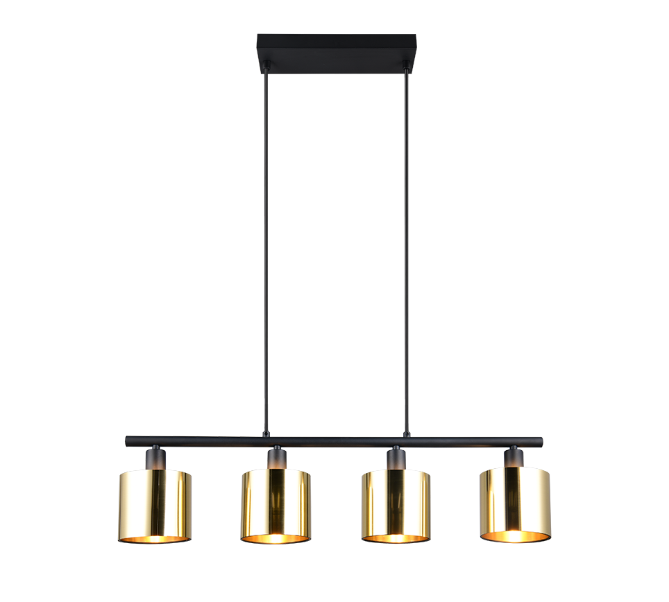 vista frontale lampadario sospensione 4 luci metallo oro per ambiente moderno