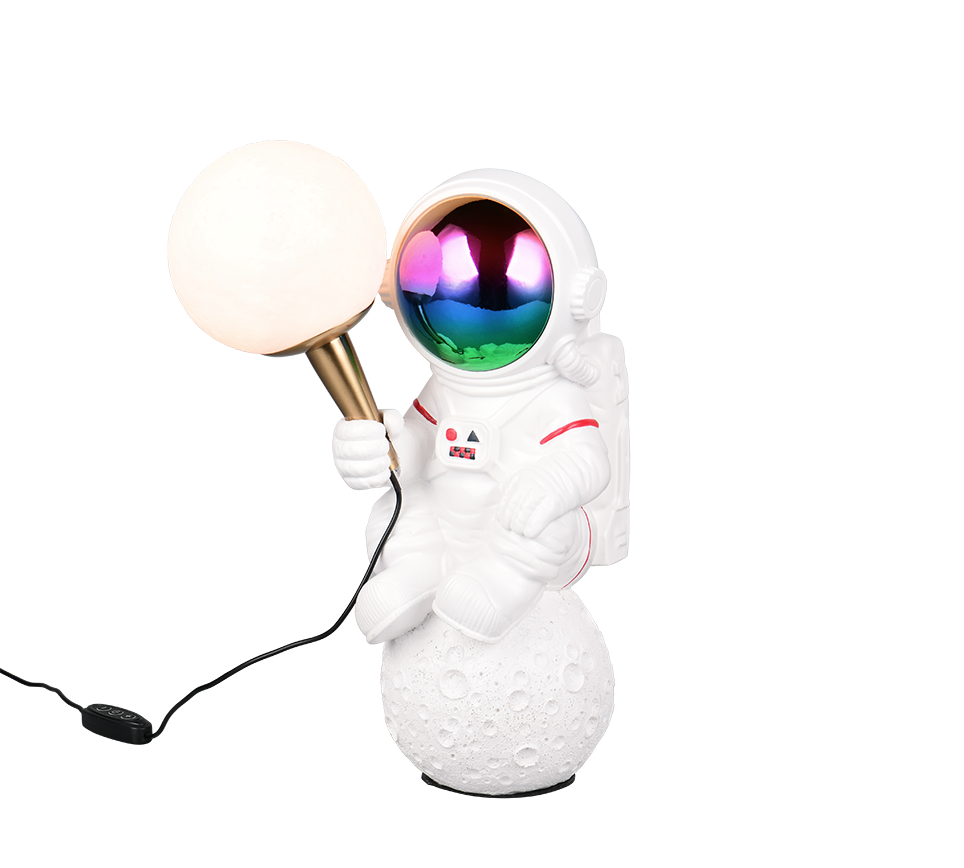 lampada astronauta accesa su sfera lunare poliestere con dimmer e luce calda