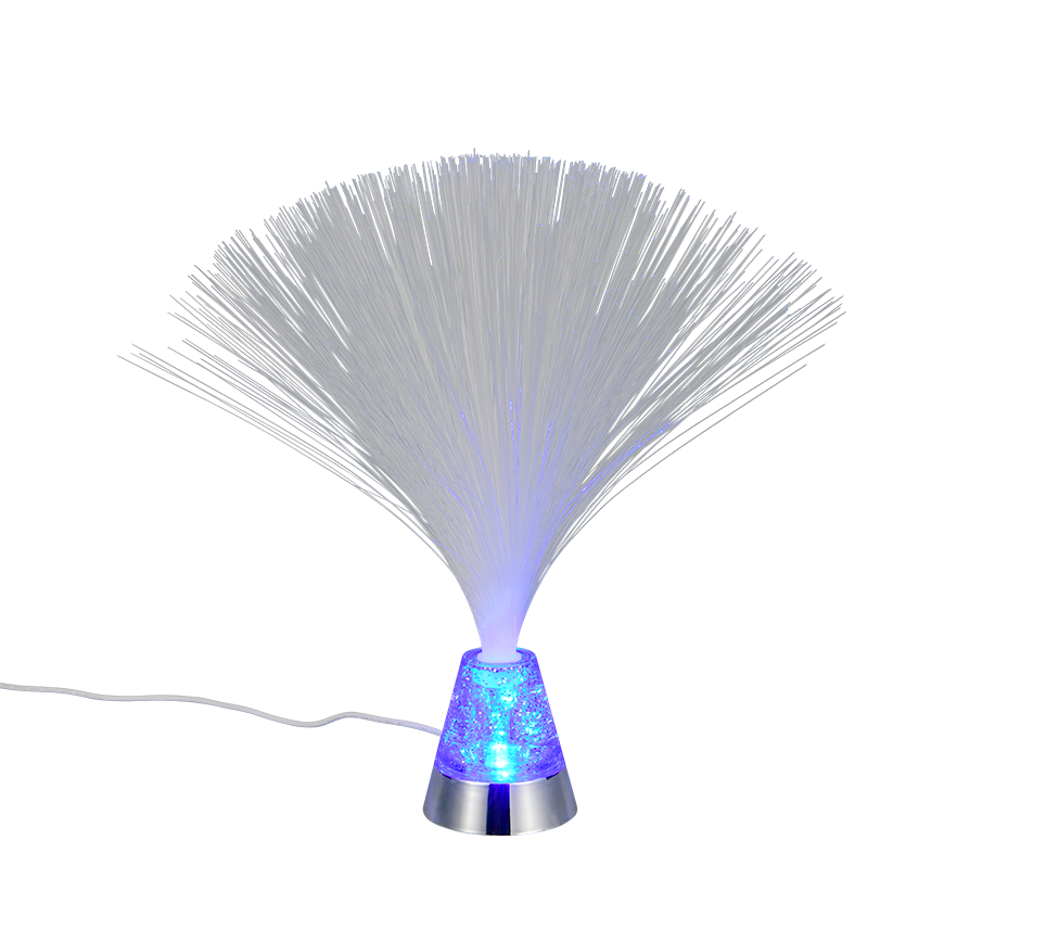Lampada da tavolo LED RGB cromata con effetto fibra ottica Trio Lighting accesa colore blu