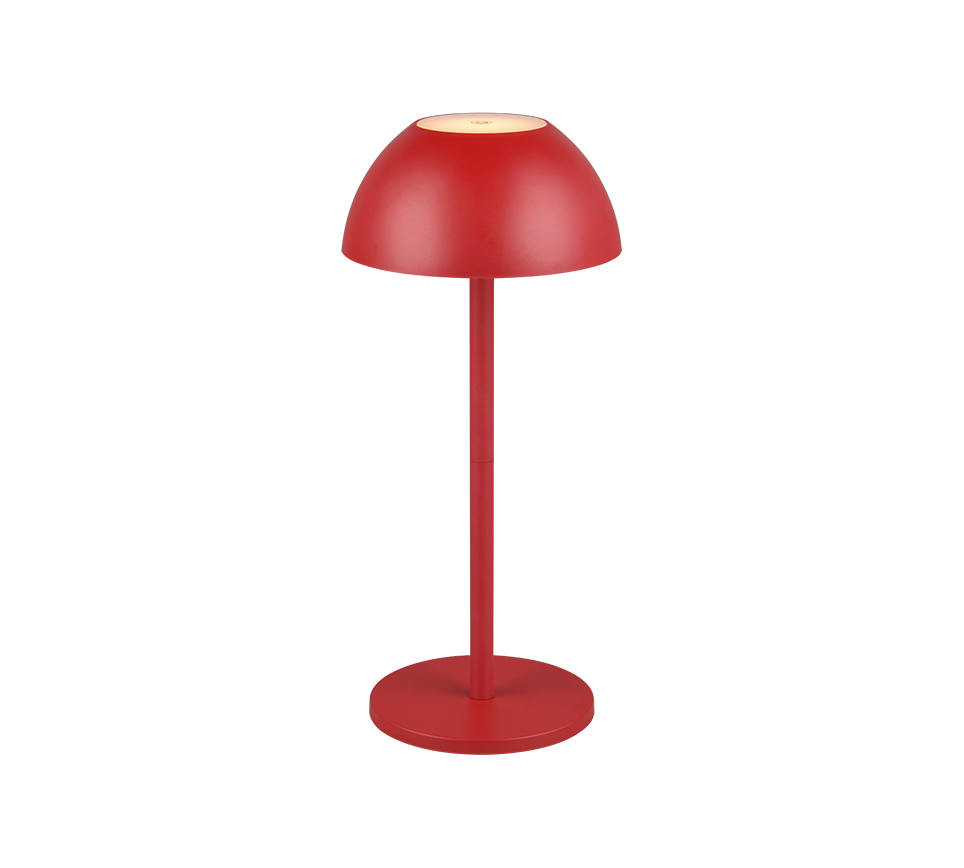 Lampada da tavolo LED touch ricaricabile rossa vista frontale in plastica IP54 per interni ed esterni