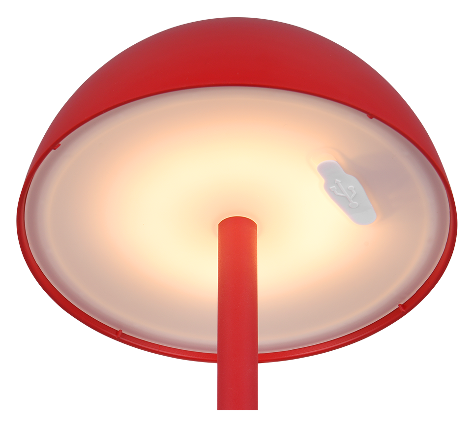 Vista accensione lampada da tavolo LED touch ricaricabile rossa con luce diretta verso il basso