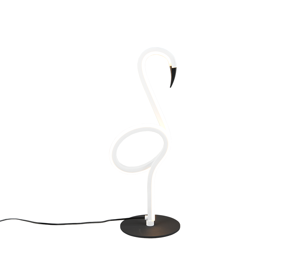 Lampada da tavolo LED design fenicottero bianco opaco Trio Lighting accesa su base nera