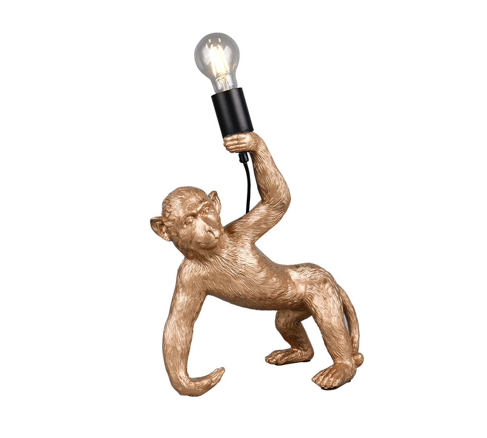 lampada da tavolo scimmia oro vista laterale con dettaglio finitura e portalampada nero