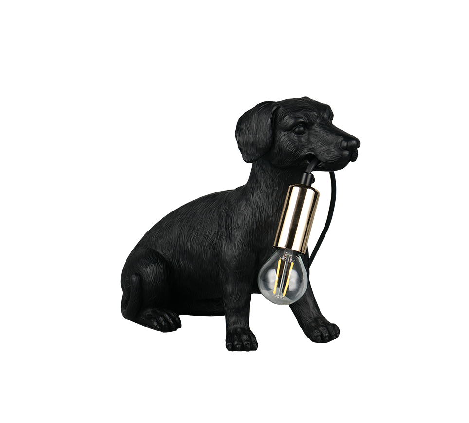 lampada da tavolo a forma di bassotto nera con dettagli oro e lampadina sospesa attacco e14