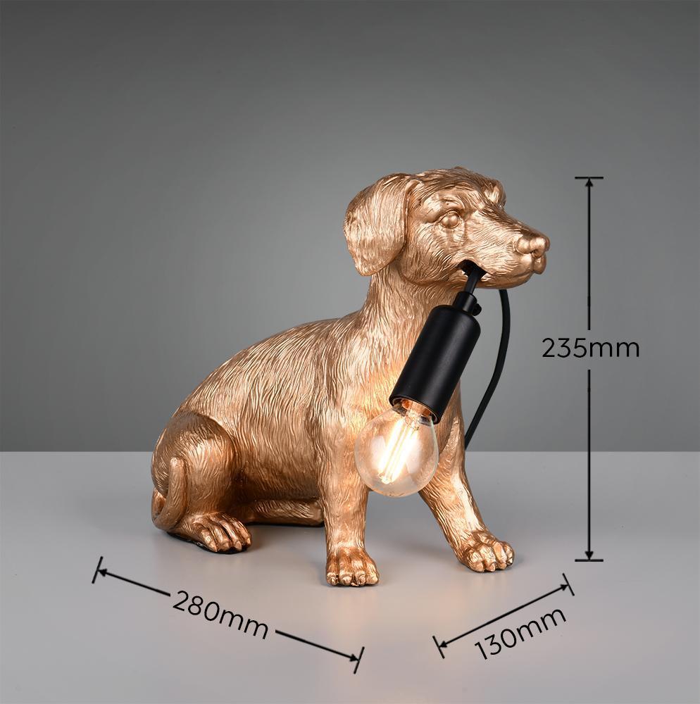 lampada da tavolo a forma di bassotto color oro con portalampada e14