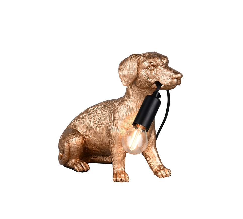 lampada da tavolo bassotto oro con dettagli neri e lampadina sospesa e14