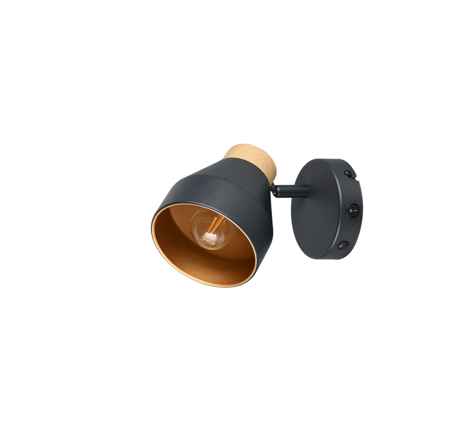 spot orientabile da parete nero opaco con dettaglio effetto legno