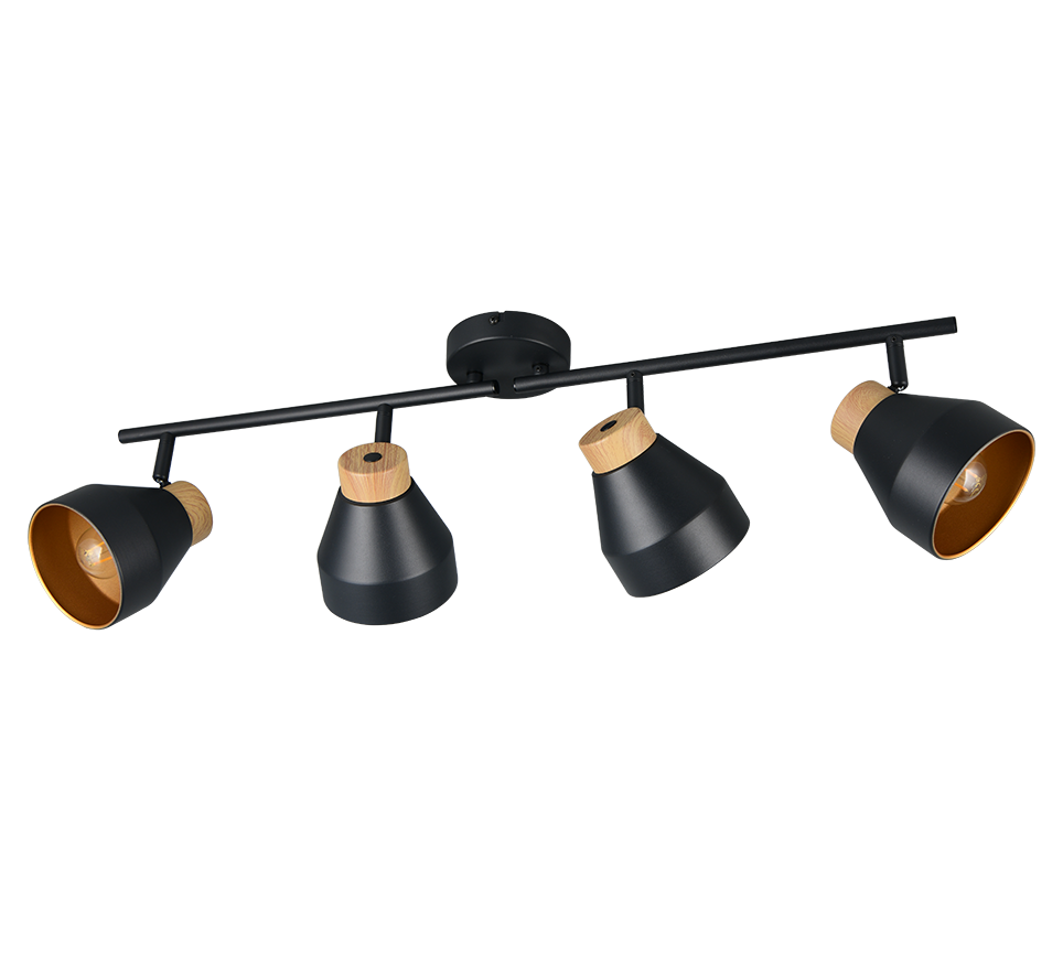 dettaglio spot orientabile metallo nero interno oro effetto legno