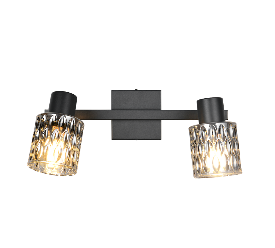 barra faretto orientabile a due spot in metallo nero con diffusori vetro fumu00e9 per illuminazione moderna da parete o soffitto