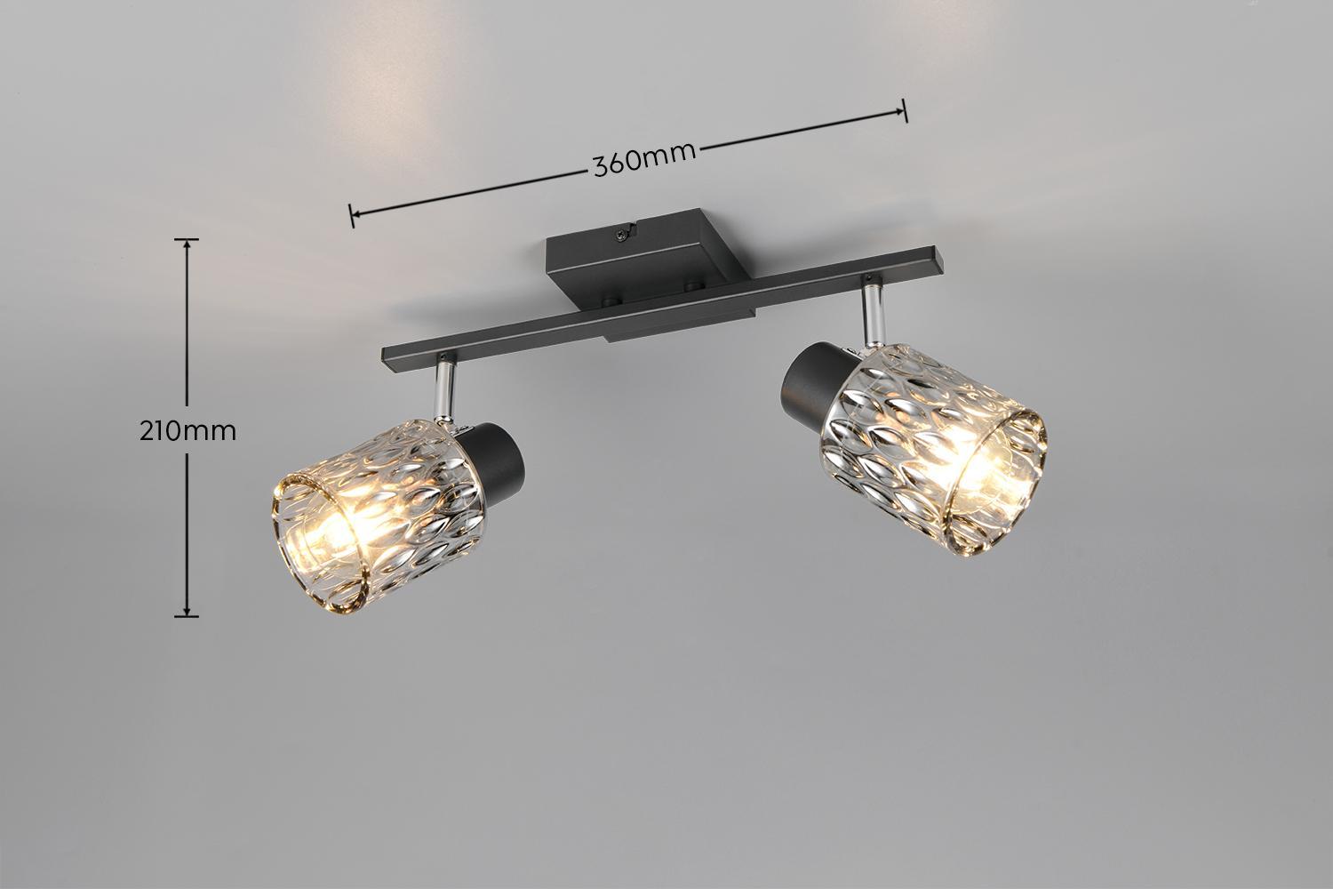 barra faretto due spot orientabili installata a soffitto con vetro fumu00e9 dimensioni 37x21 cm
