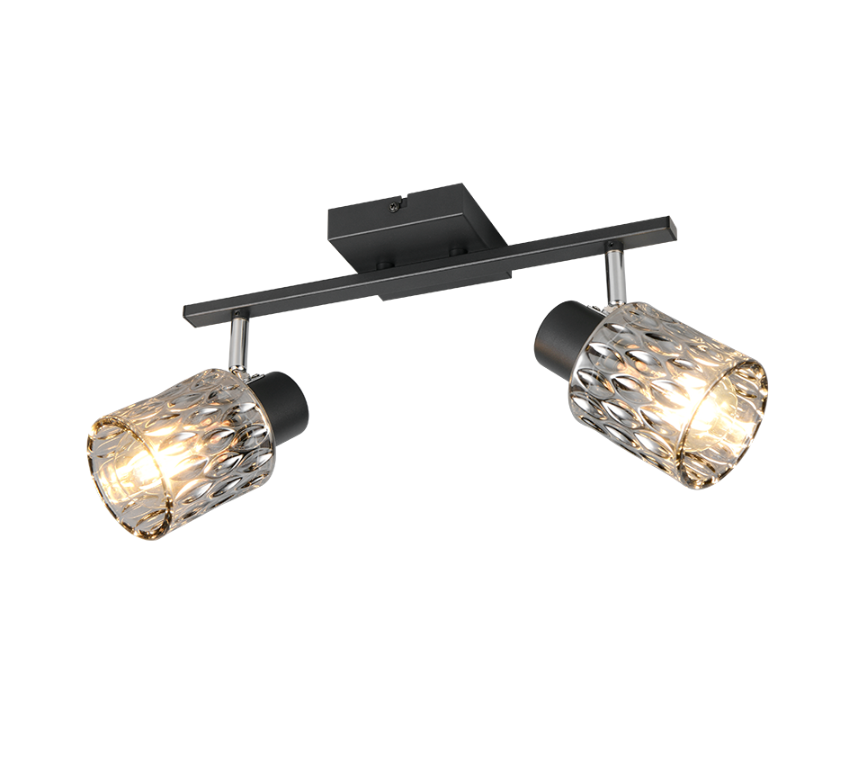 barra con doppio faretto orientabile metallo nero e vetro lavorato luminoso