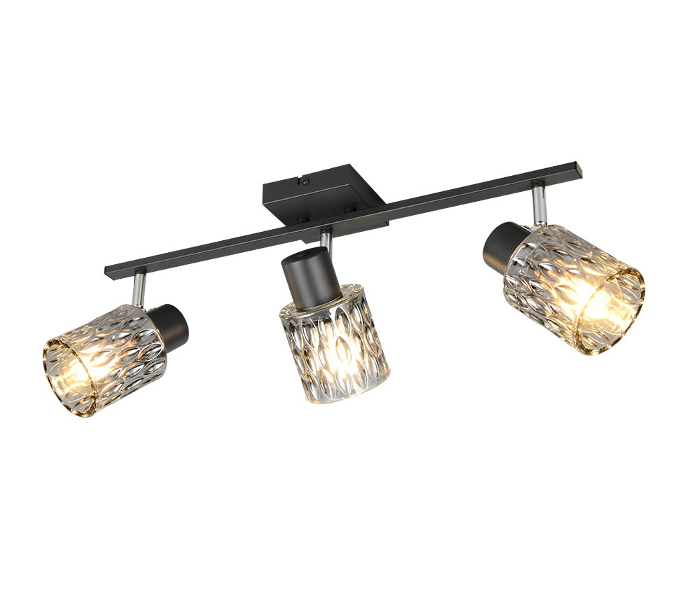 barra faretti 3 luci orientabili nero opaco vetro fume e27