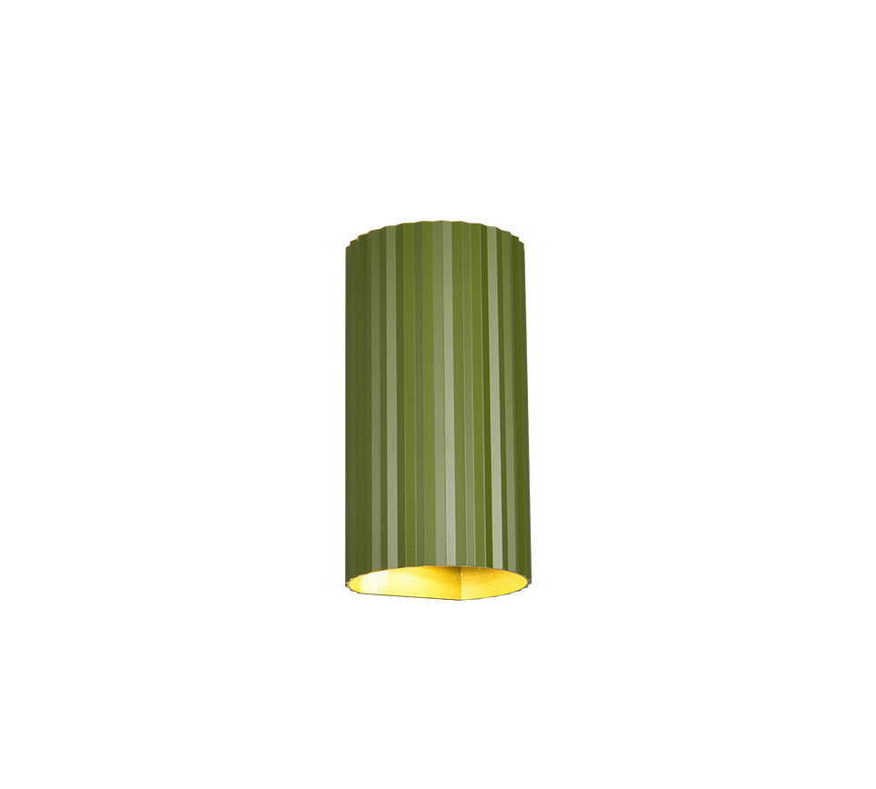 vista superiore applique cilindrica in metallo verde con rigature e sede per lampadina gu10
