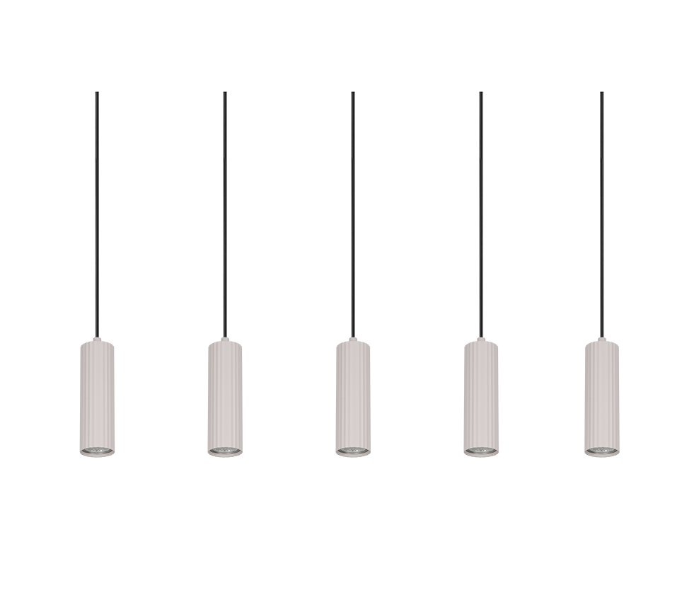vista frontale sospensione 5 pendenti allineati per tavolo o isola cucina